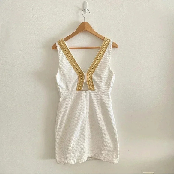 LILLY PULITZER White Gold Embellished Eliot Textured V-Neck Shift Dress Sz 4 - Picture 6 of 13